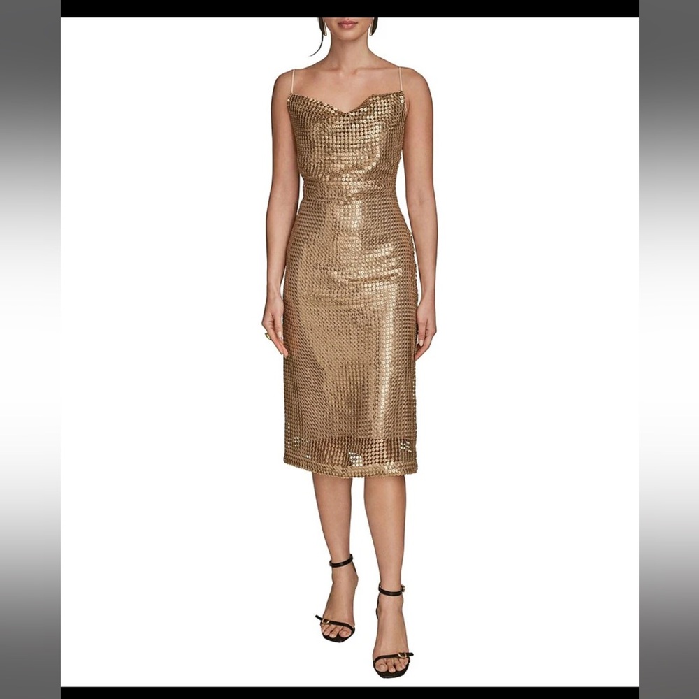 Donna Karan DKNY Gold Sequin Mesh Cowl Neck Sleeveless Midi Dress Sz 12 NWT